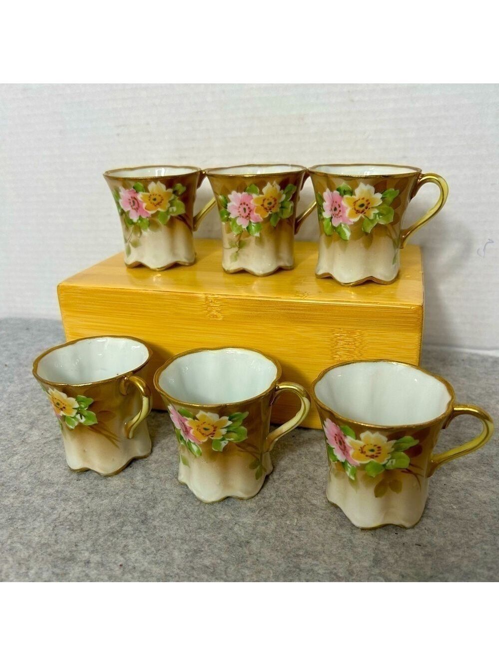 Vintage Handpainted Nippon Chocolate Cups Floral Set of 6 Porcelain Holds 2.5 oz